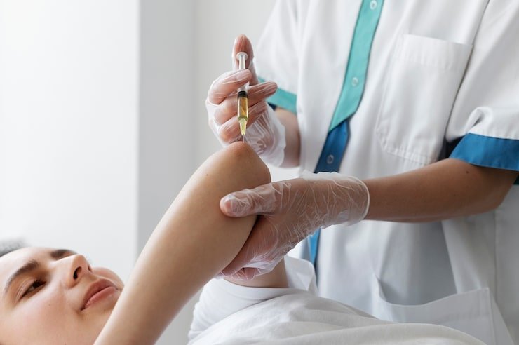 high angle woman getting elbow prp treatment 23 2149404694